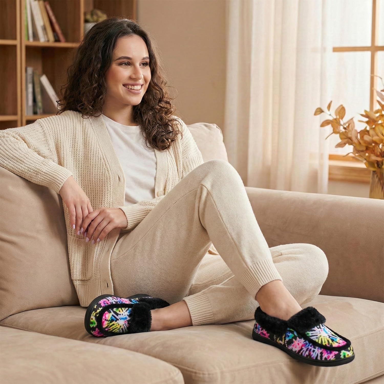 BARERUN Womens Slippers Fuzzy Collar Slipper Boots for Women Wide Toe House Shoes Moccasin Camping Travel Slippers with Hard Rubber Sole Indoor/Outdoor - Image 2