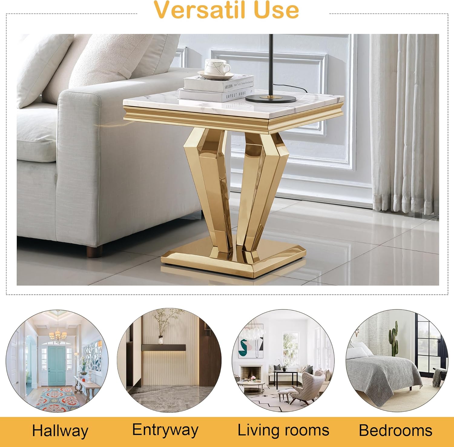 Mid-Century Marble Coffee Table Set of 3, Luxury White Faux Marble Coffee Table and 2 End Table with Gold Stainless Steel Pedestal, 3 Piece Coffee Table Sets for Living Room Apartment