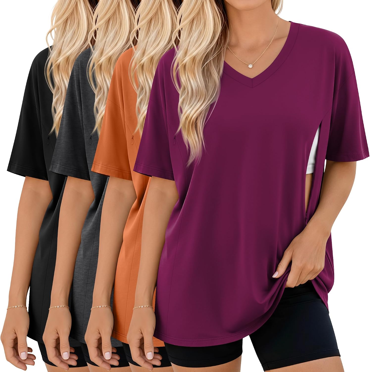 4 Pack Women's Oversize Nursing Tops for Breastfeeding Hidden Zipper Maternity T Shirts Short Sleeve V Neck Shirts