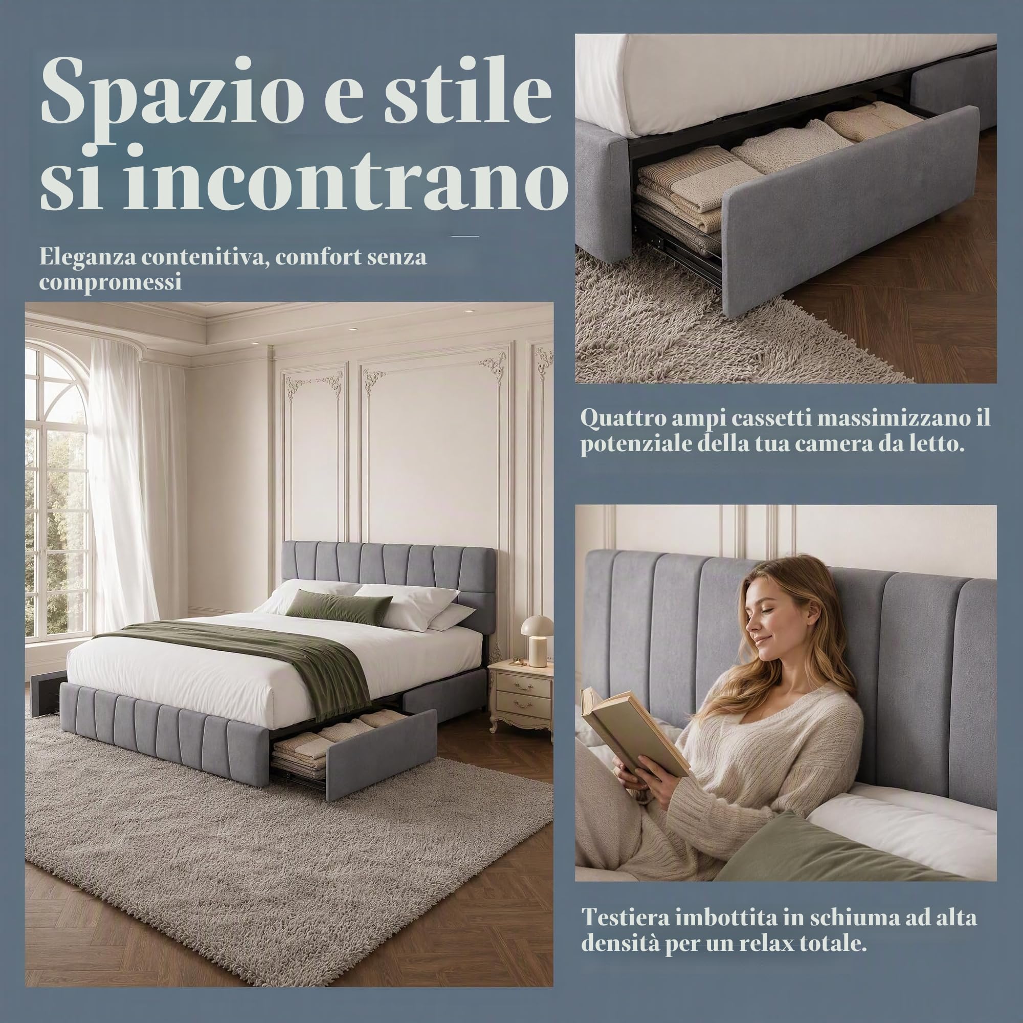 Letto Imbottito 160x200,Letto Matrimoniale con 4 Cassetti letto Matrimoniale Imbottito con contenitore Letti con Usb e Luce Led Letti Contenitore (grigio, velluto B, 160 x 200 cm)
