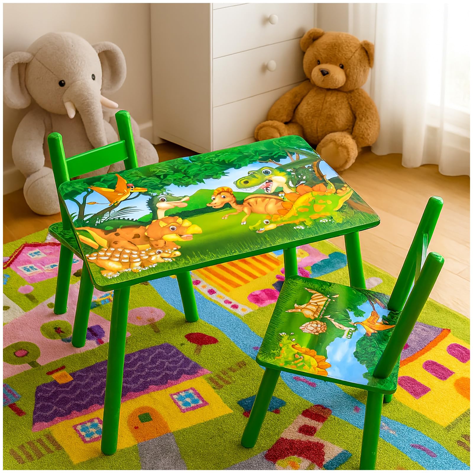 HTI living Kindertisch mit Stühlen Kinder Sitzgruppe Dino Motiv bunt aus MDF Kindertischgruppe Dino mit 2 Stühlen