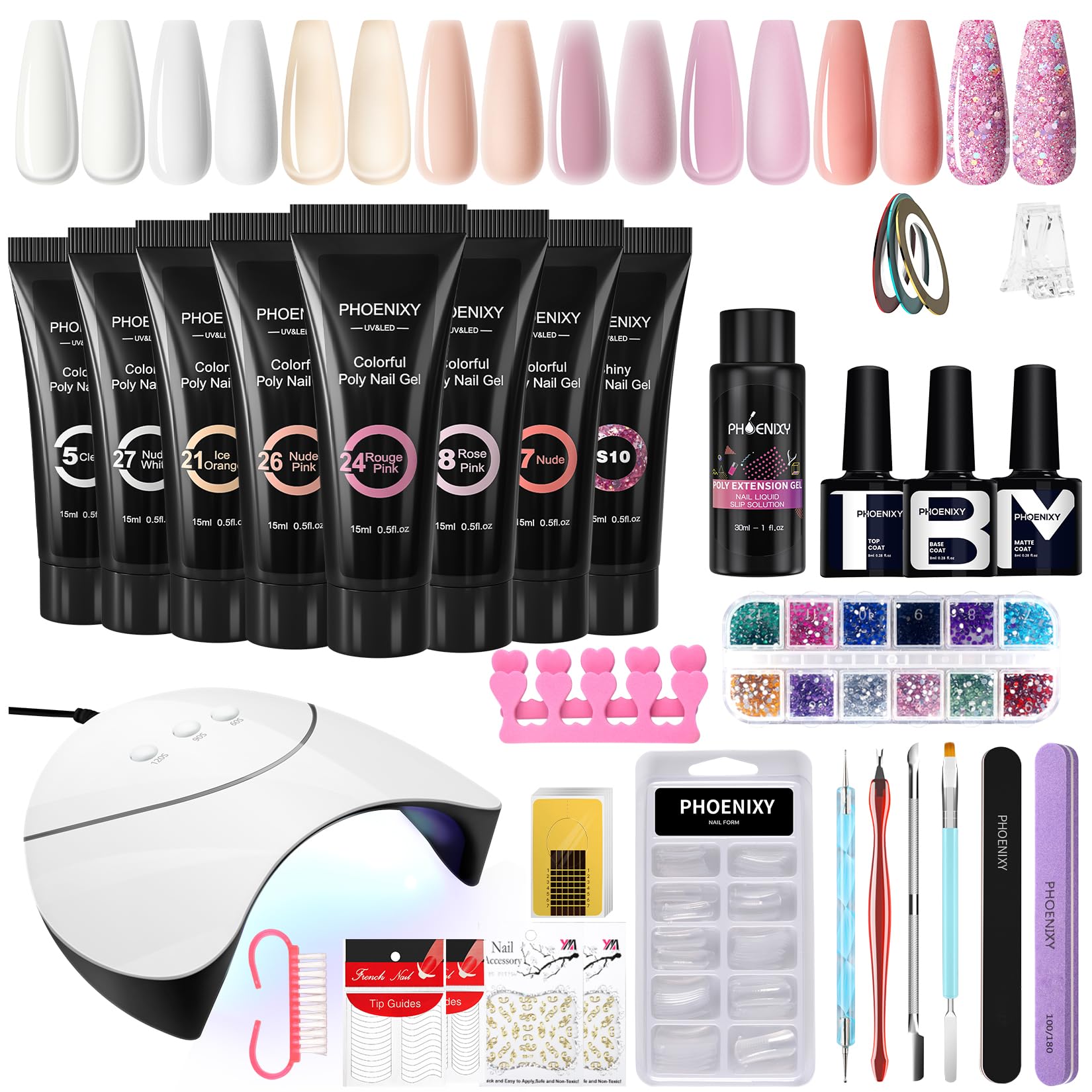 PHOENIXY Poly Nail Gel Kit, 8 Colours Poly Builder Gel Nail Kit with 36W Nail Lamp Nail Art Extension Set Gift for Women