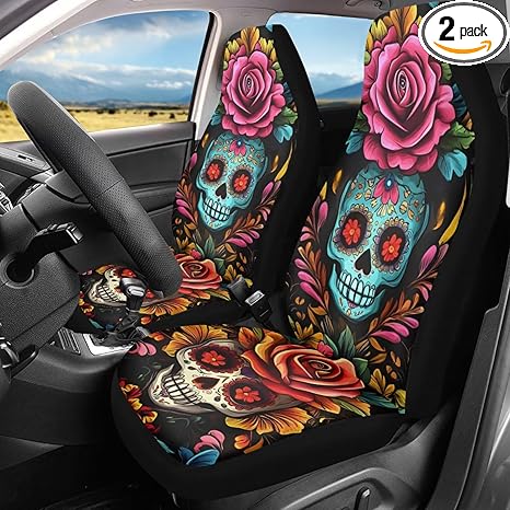 Sugar Skull Rose Pattern Car Seat Cover Auto Cushion Cover Car Interior Decoration Bucket Seat Cover, Vehicle/SUV/Truck Seat Cover Universal Fit, Pack of 2