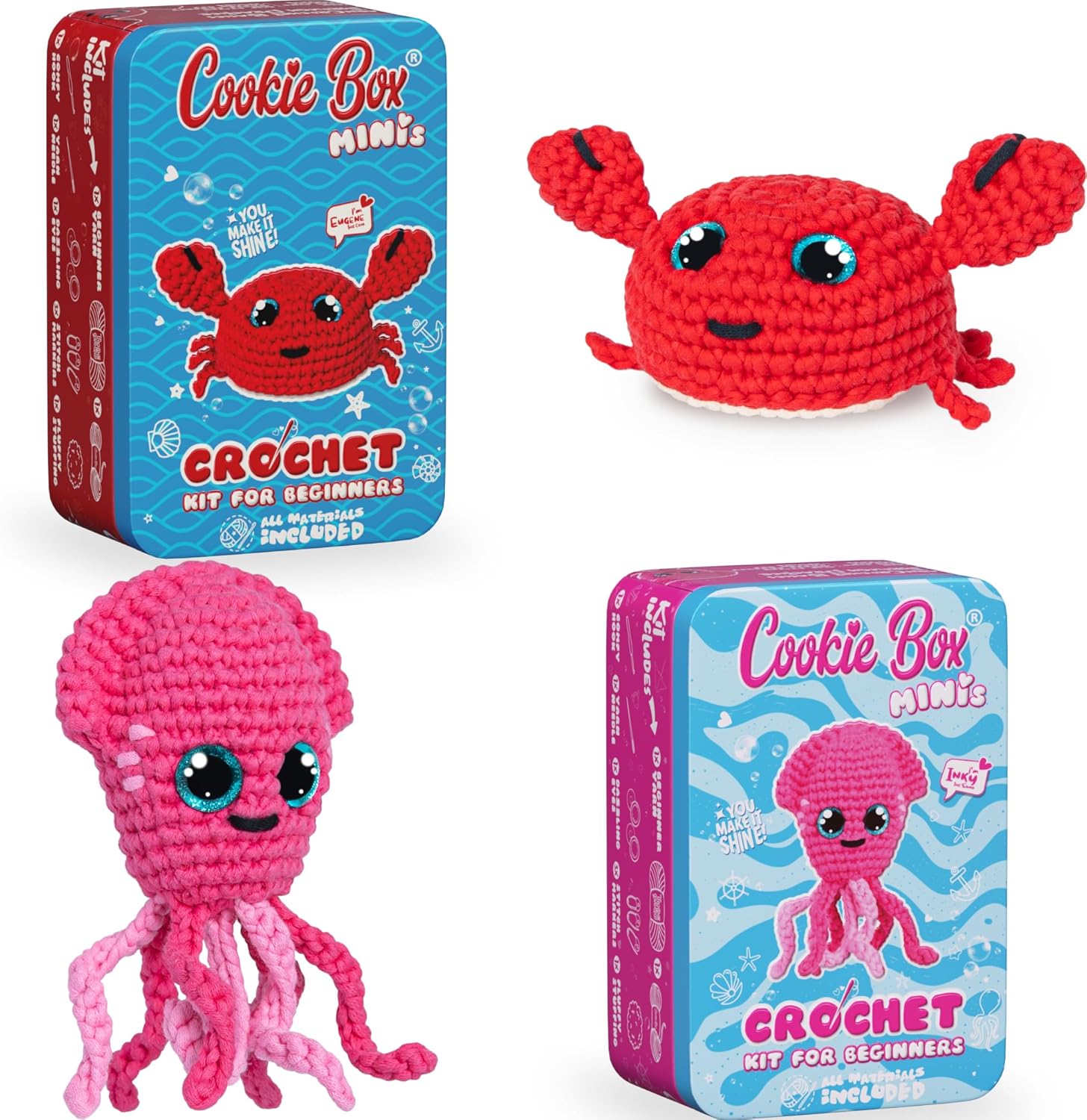 Cookie Box Crochet Kits for Beginners - Crab Eugene, Squid Inky - Bundle