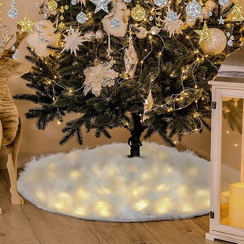 Miniatura 2 de Falda de árbol de Navidad con luz LED, falda de árbol de piel sintética de felpa blanca iluminada, manta de nieve de Navidad para decoración de