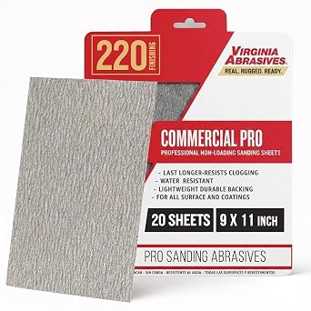 Virginia Abrasives Sandpaper Sheets, Commercial Pro Wet Dry Sanding Sheets for Wood, Metal, Paint & Coatings, Lightweight Durable Backing, Resists Clogging, 220 Grit, Very Fine, 9 x 11, 20 Pack
