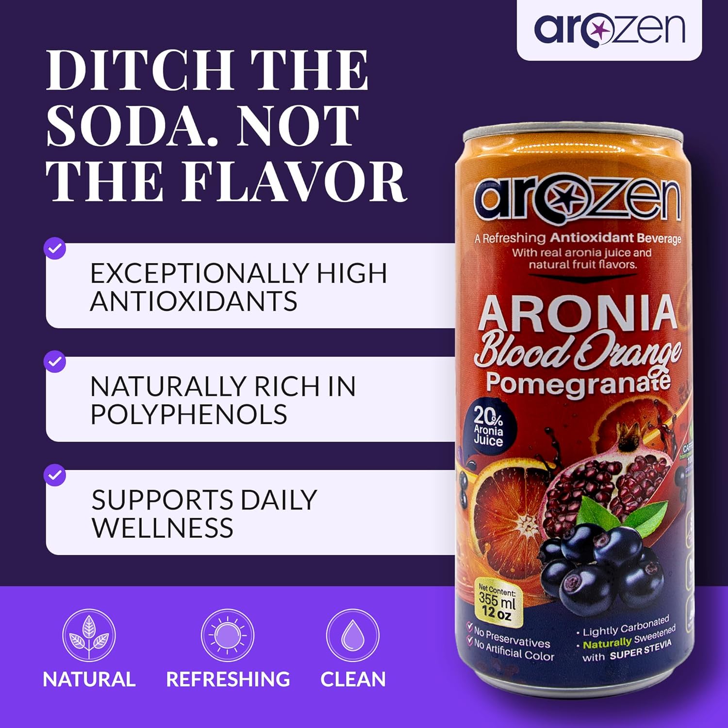 AROZEN Blood Orange Pomegranate Beverage, Antioxidant Energy Drink | Lightly Carbonated Citrus Wellness Drink with Green Tea Caffeine | Vegan Low Sugar 355 ml Can Pack