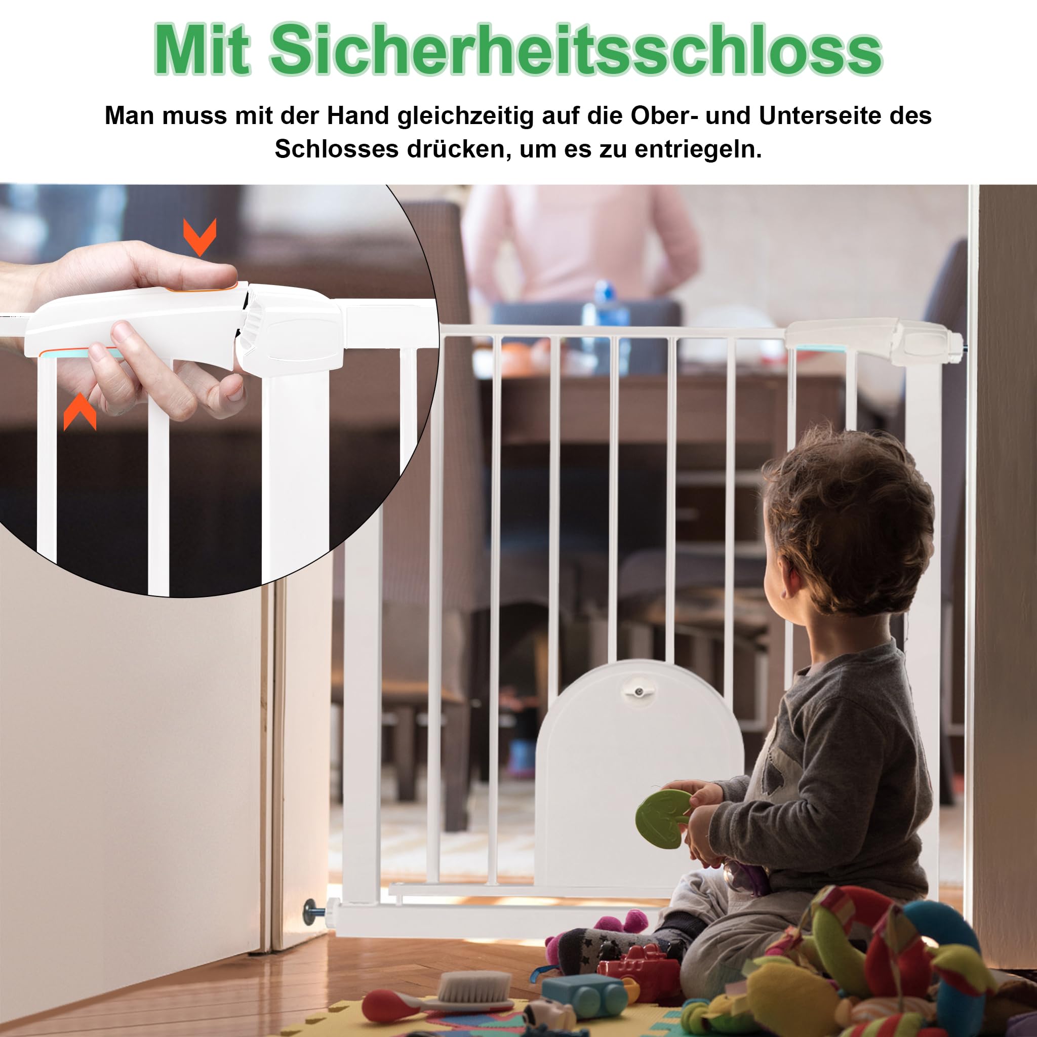 UISEBRT Treppenschutzgitter Türschutzgitter Ohne Bohren Treppengitter mit Katzentür Haustiertür, für Breiten 75-85 cm, Selbstschließend, Einhändiges Öffnen Metall Gitter, Weiß