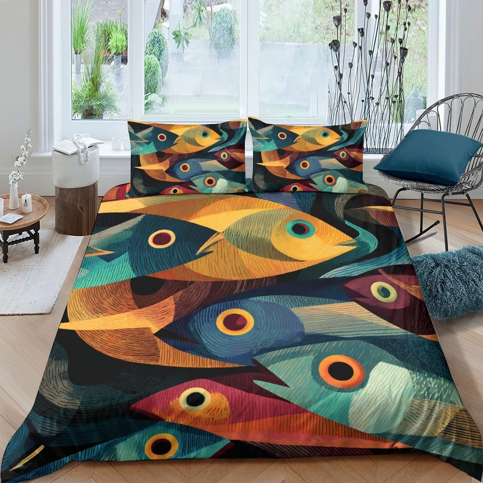 Ctjqhvkz Style-4 3D Printed Abstract Fish Fitted Sheet Microfiber Colourful Art Mattress Cover For Bedroom Guest Room Home Decor Single（135X200cm）