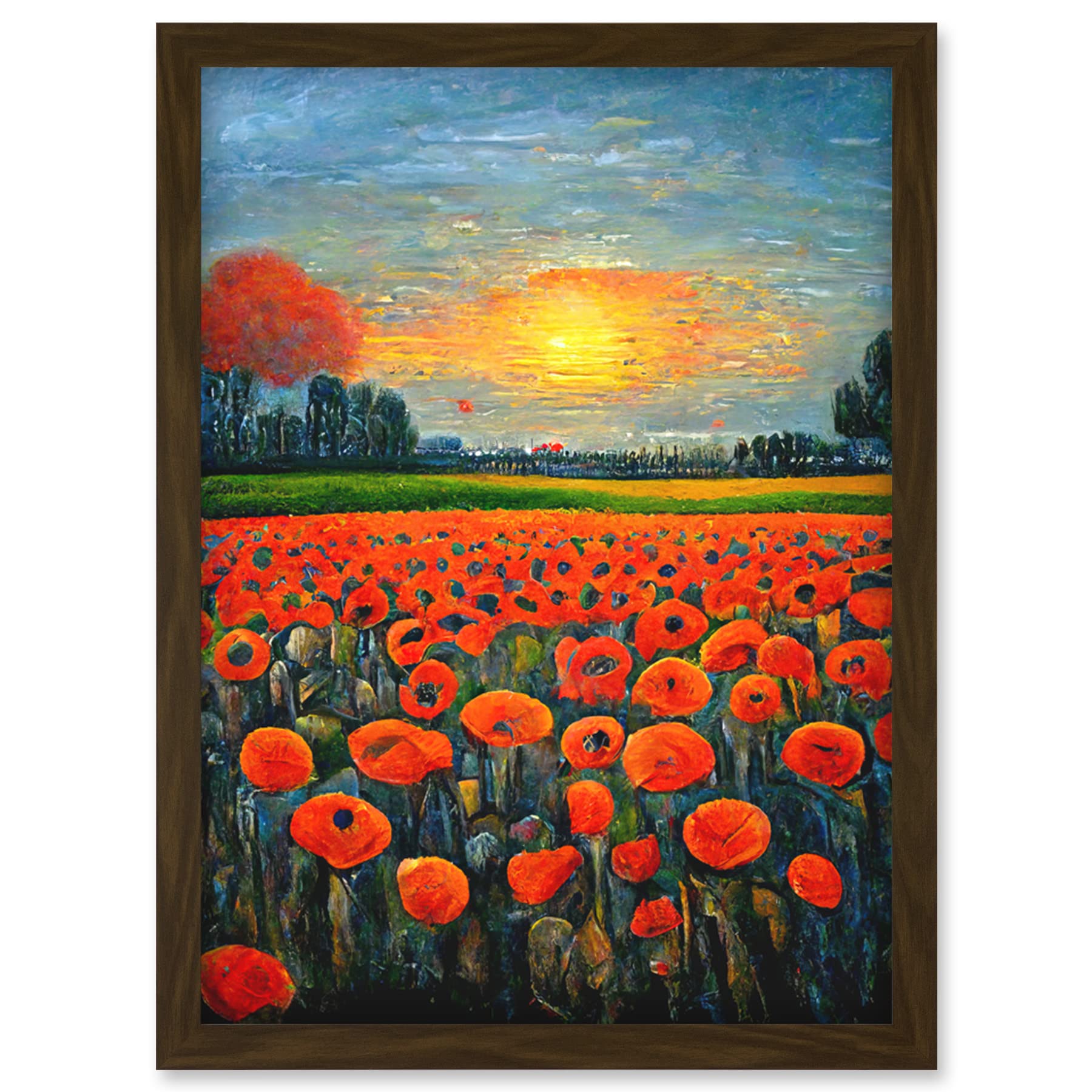 Doppelganger33 LTD Flanders Field At Sunset Expressionism Oil Paint Poppy Flowers Artwork Framed Wall Art Print A4
