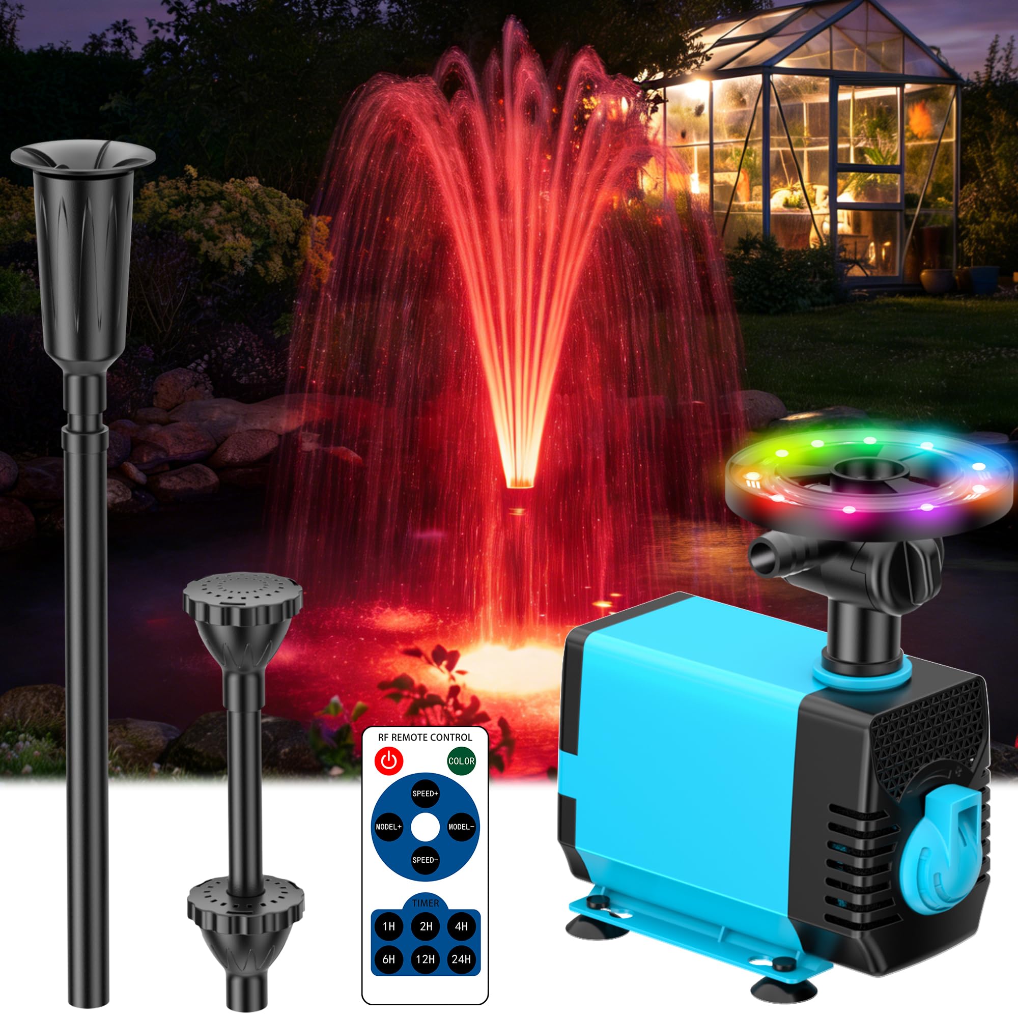 Photo 1 of POPOSOAP Pond Pump with LED Lights, 660GPH Submersible Pump RGB Pond Filter System with Adjustable Height & Water Flow for Garden Pond Fish Tank Day & Night Pond Decoration -P1104D