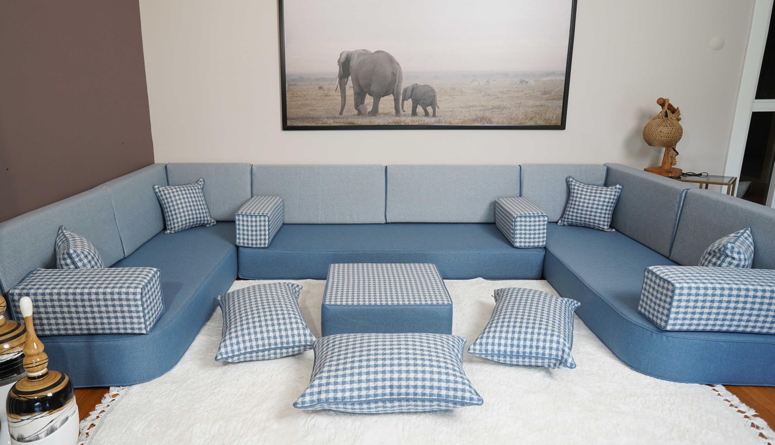 Arabic Floor Cushion, Majlis Sofa, Bench Cushion, Moroccan Sofa Set, Turkish Floor Sofa, Floor Seating, Sofa Set Living Room, Diwan Sofa (8'' Thickness Sofa, U Sofa + Ottoman + Pillows, Blue)