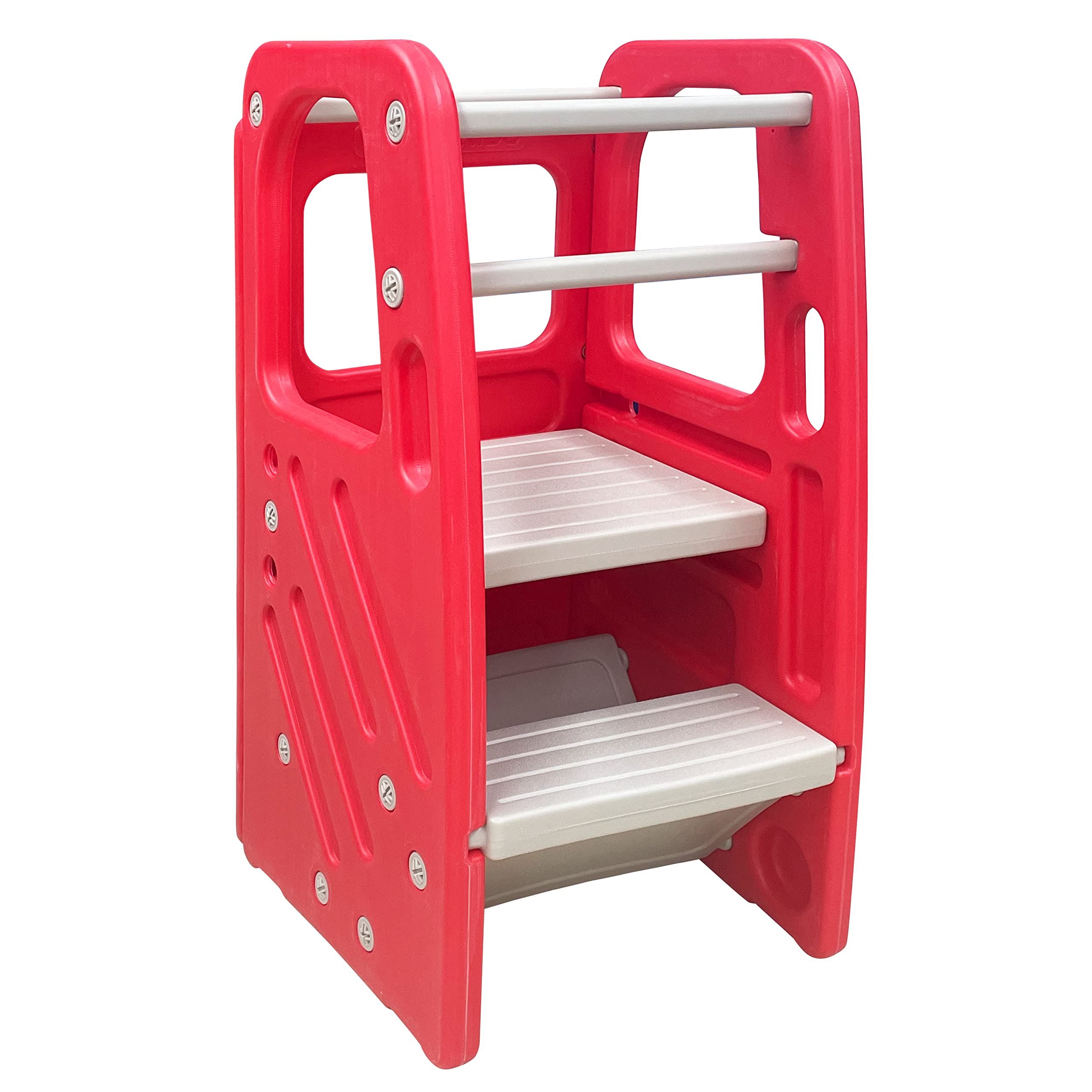 LDDAL SDADI Childrens Step Stool, Kitchen Plastic Standing Tower with Three Adjustable Heights for Kids and Toddlers (Red/ Light Gray)