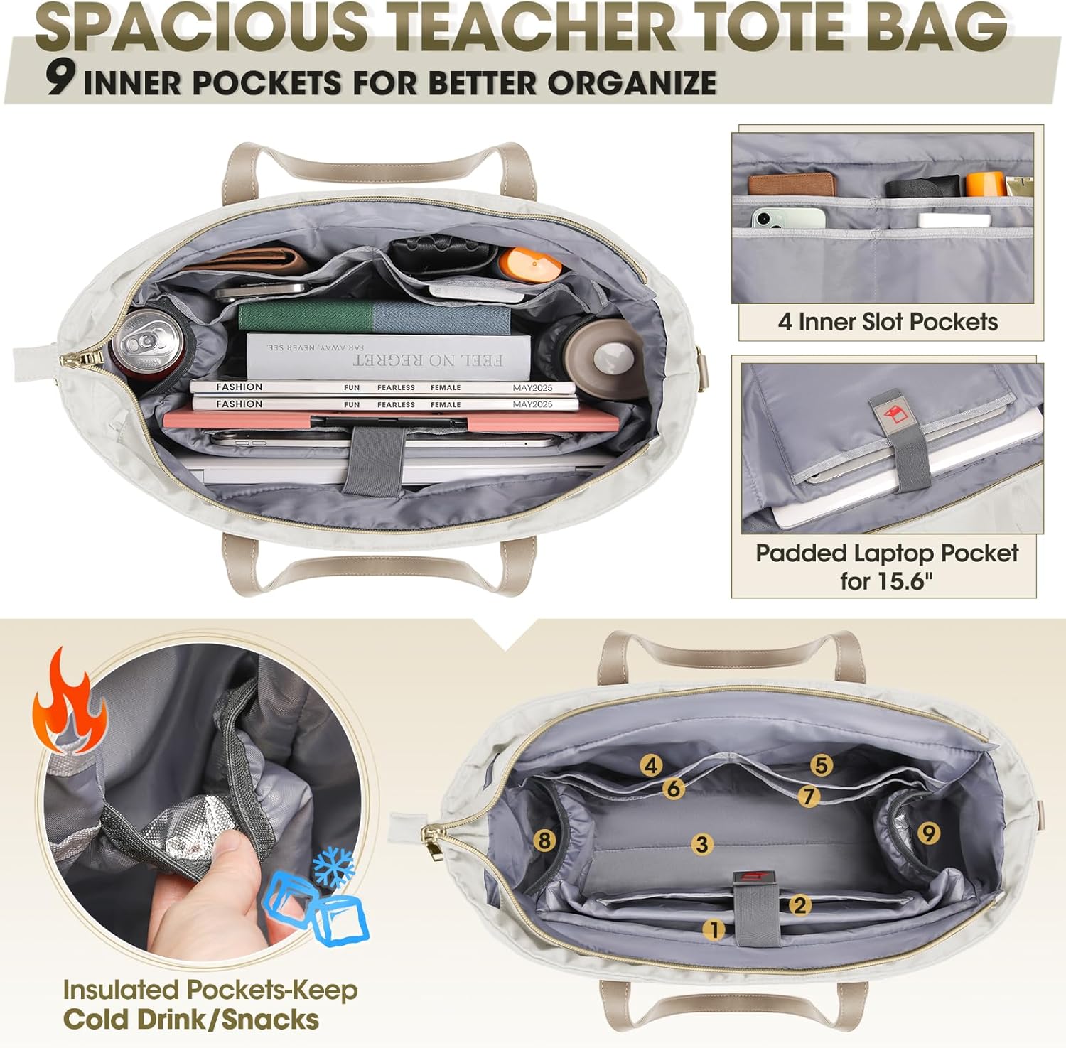 RAINSMORE Laptop Bag for Women 15.6" Teacher Tote Work Bag with Insulated Pockets, Professional Nurse Bag Laptop Briefcase Large Handbag for Office College Nursing, Apricot-White - Image 3