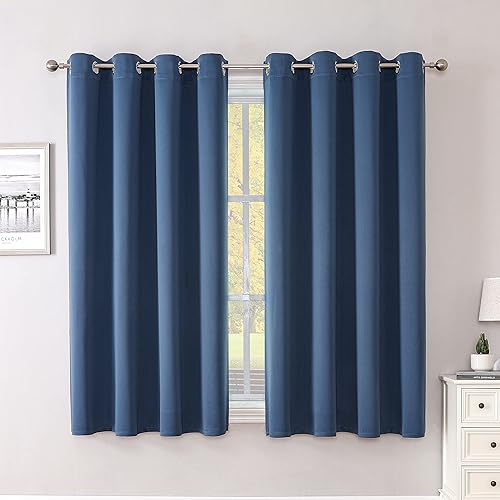 Blackout Curtains 63 inch Length - Thermal Insulated Room Darkening Curtains 2 Panels for Bedroom/Grommet Top/Blue/52x63 inch