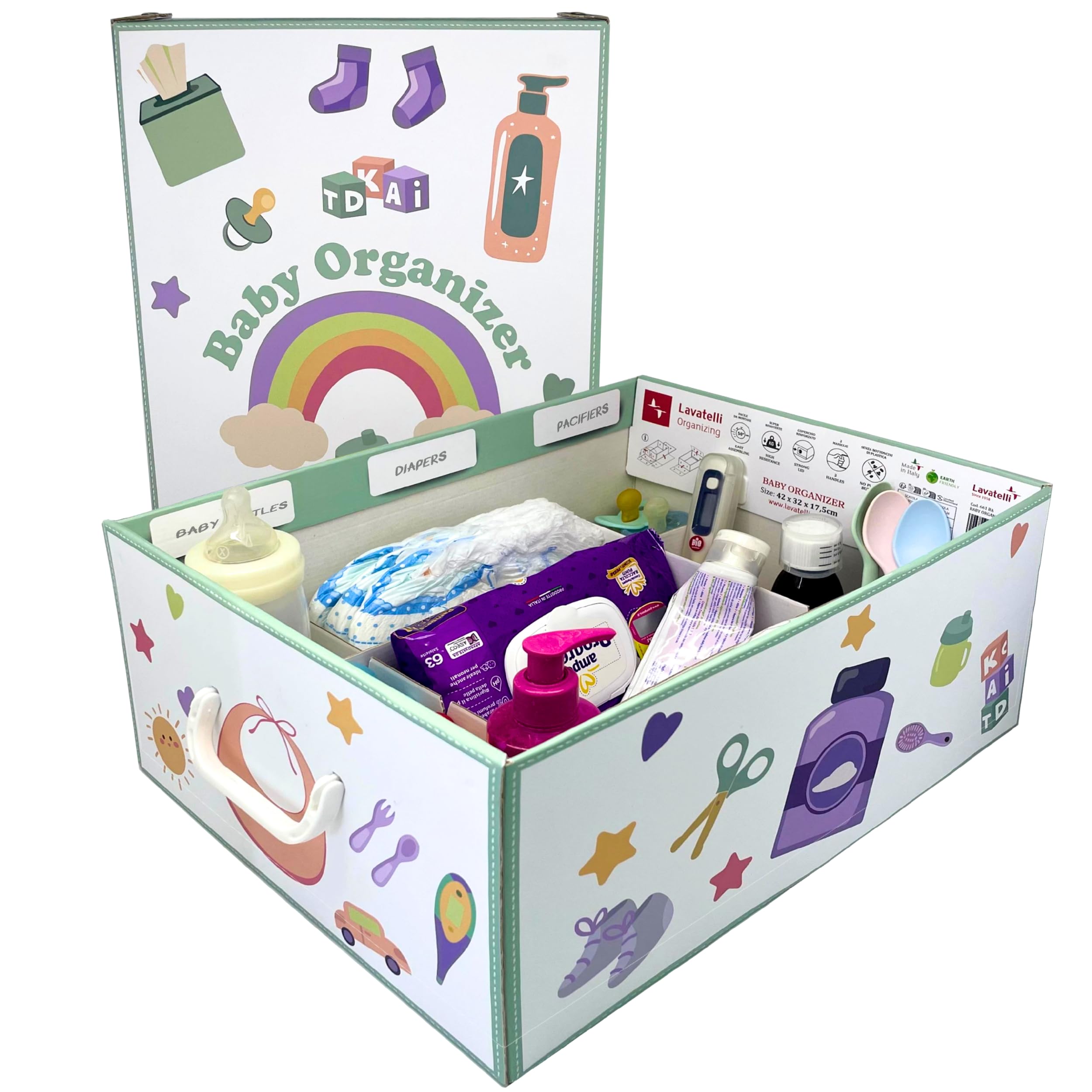 Lavatelli Baby Nappy Caddy Organizer - Cardboard Nursery Storage Box with 4 Dividers, Blue, 32x42x17,5 c