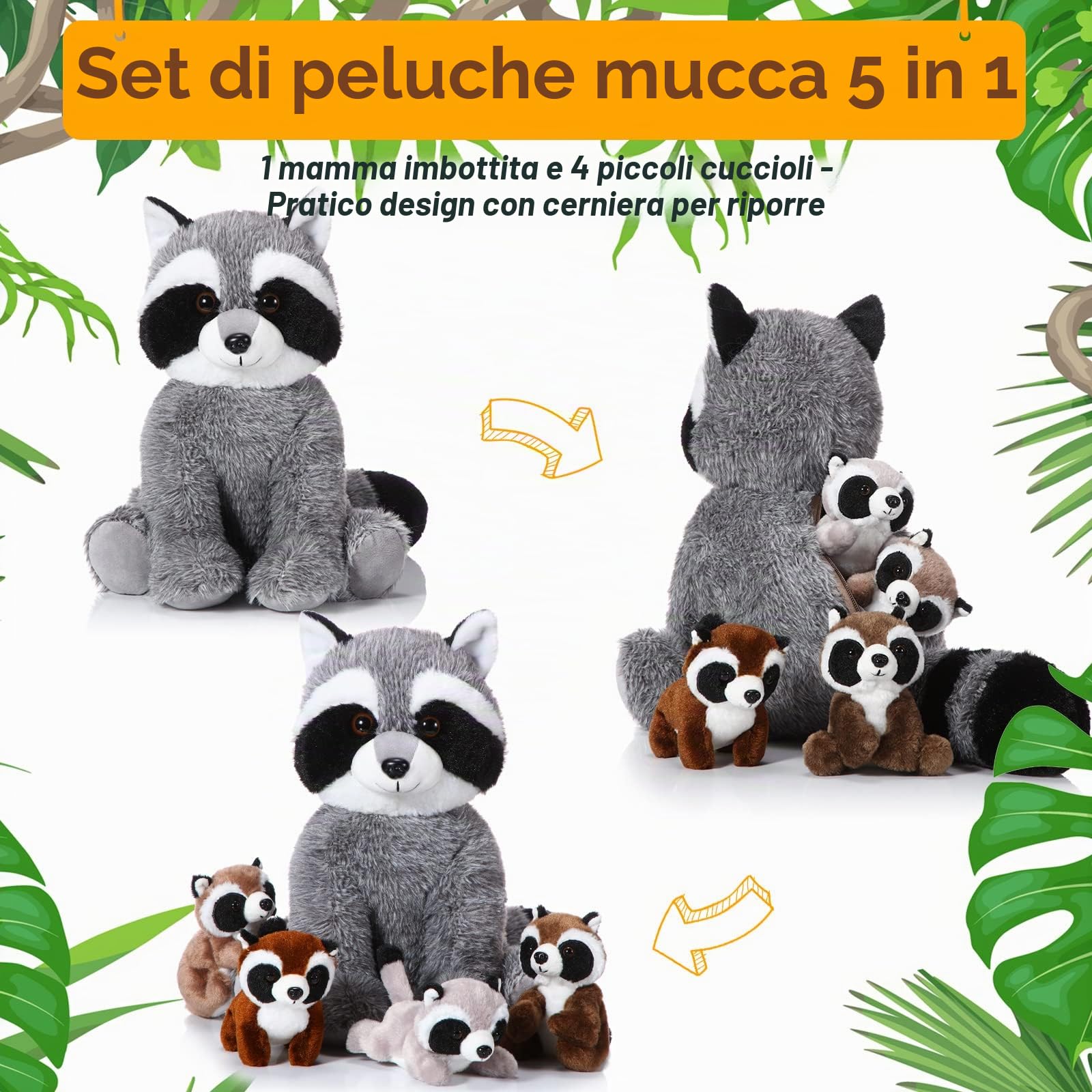 Set di 5 Animali di Peluche di Procione 32 cm Pupazzo di Procione Mamma con 4 Cuccioli di Orso Lavatore nella Pancia Regali per Compleanno a Tema del Bosco per Ragazzi (Stile Carino)