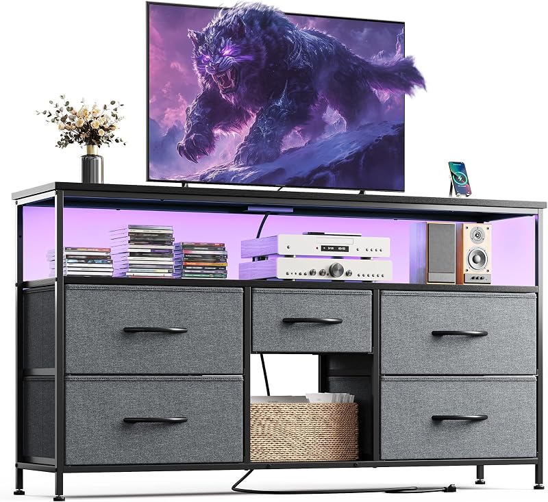 EnHomee TV Stand for Bedroom with LED & Outlets, 5-Drawer Storage, Grey image 4