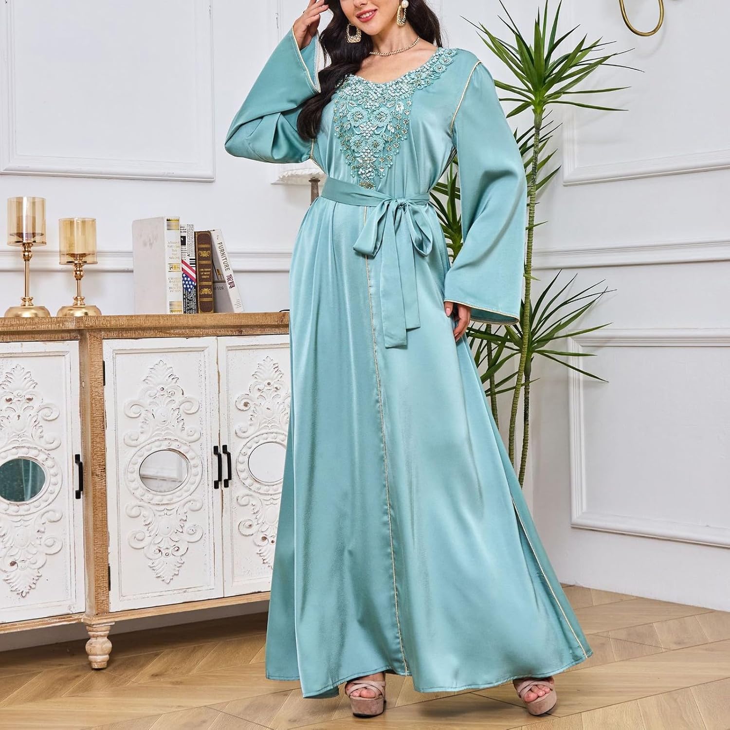 Abaya for Women Muslim Applique Embroidery Long Sleeve Maxi Dress Loose Full Cover Islamic Dubai Kaftan Robe with Belt