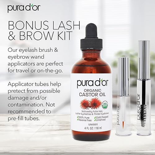 Miniatura 2 de PURA D'OR Aceite de ricino orgánico de 4 onzas  con 2 cepillos vacíos  100% puro certificado USDA prensado en frío, sin hexano para pestañas y cejas