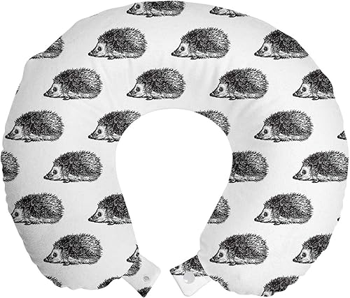 Ambesonne Hedgehog Travel Pillow Neck Rest, Sketchy Hedgehogs Illustration Monochrome and Wildlife Nature Inspired, Memory Foam Traveling Accessory