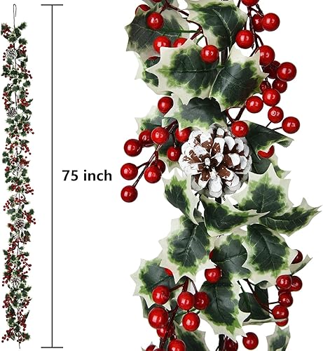 Miniatura 5 de DearHouse Guirnalda de Navidad de bayas rojas de 6 pies con cono de pino, guirnalda artificial para interiores y exteriores, puerta de jardín,