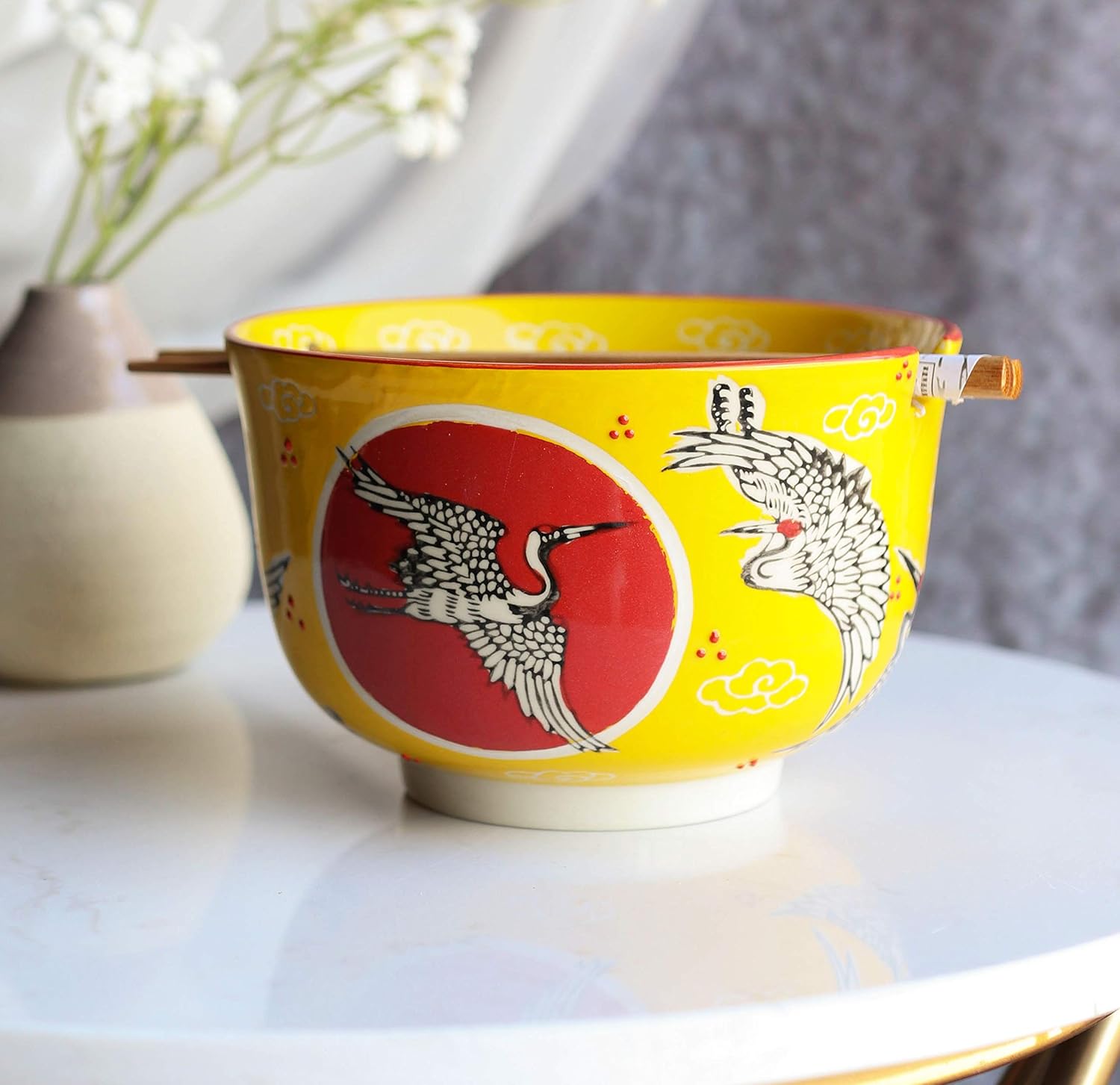 Ebros Red Flying Crane With Red Moon Yellow Sky Ramen Udon Noodles Large 6.25"D Soup Bowl With Bamboo Chopsticks And Built In Rest Set for Asian Dining Rice Meal Bowls Decor Kitchen