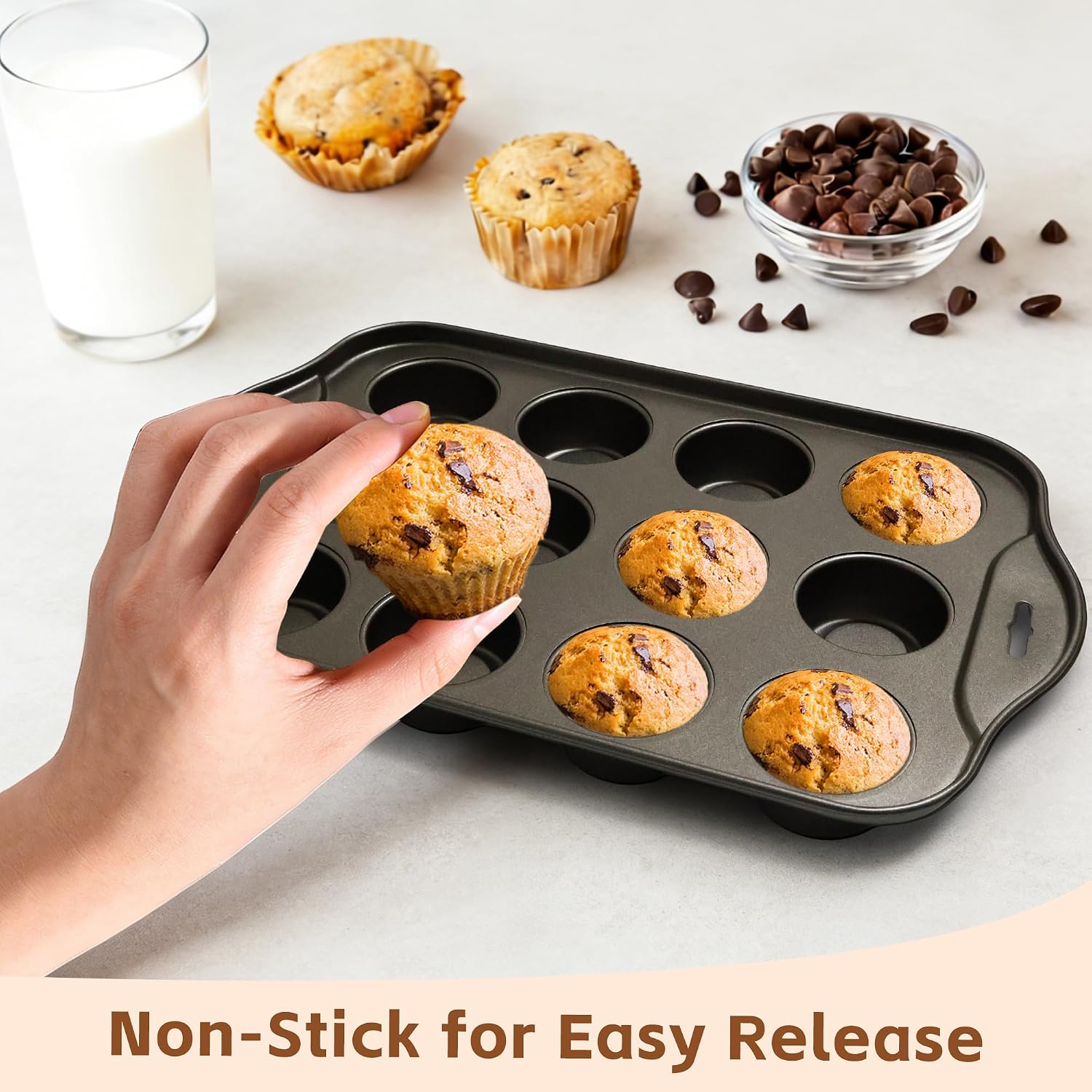Non Stick Muffin Baking Pan - Mini Cake Pans for Round Cupcake, Carbon Steel Small Muffin Tin Bakeware, Cup Cake Tray Molds for Oven-12 Cup, 8.2 x 13 x 1.4 Inches