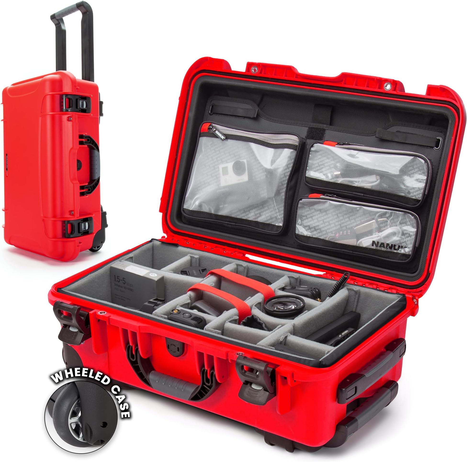 935 Pro Photo Kit – Waterproof Travel Camera Hard Case with Padded Dividers and Wheels, 22” x 14” x 9” - Dustproof and Impact Resistant, Airline Carry-On Approved – Red