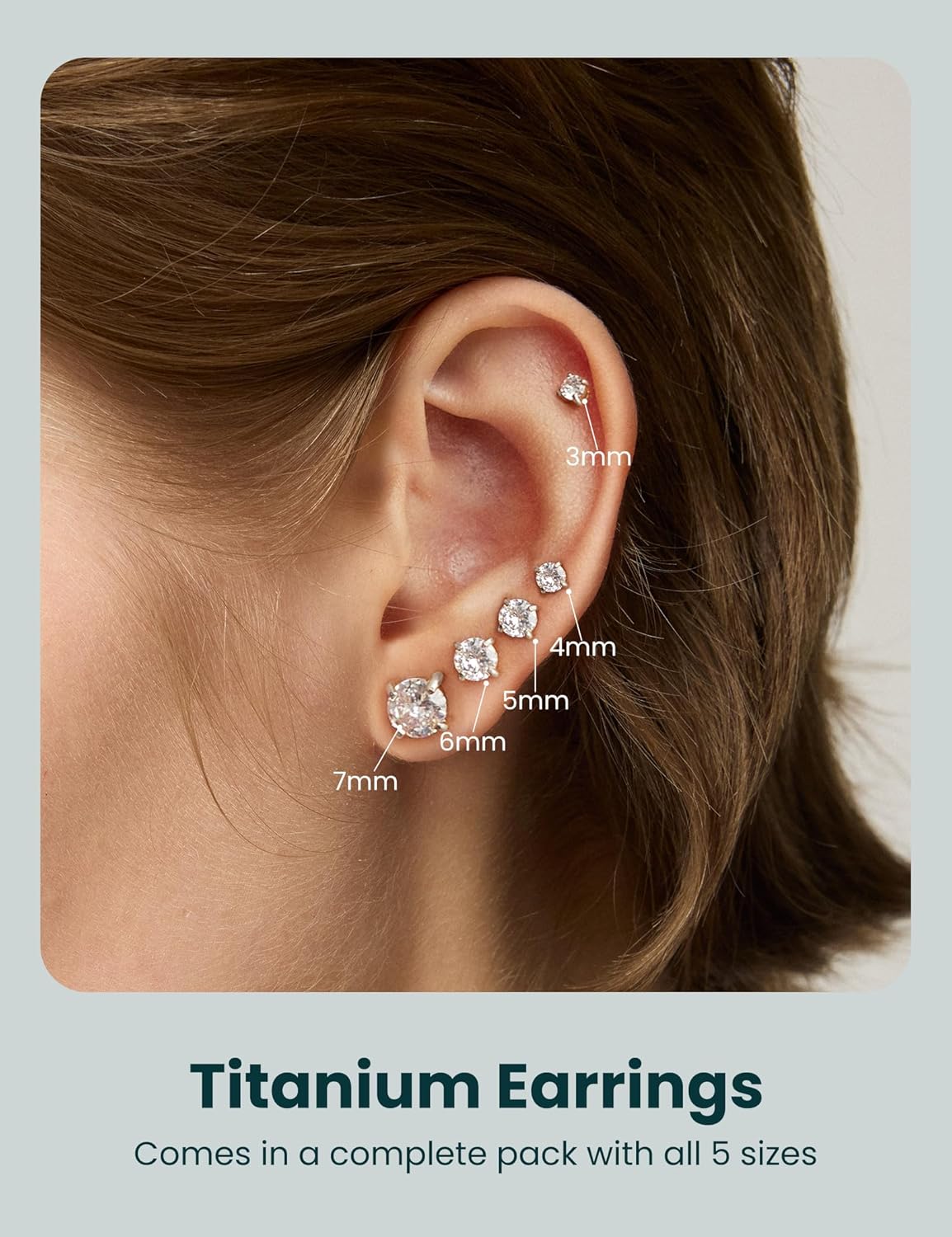 6 Pairs Stud Earrings Set, Hypoallergenic Cubic Zirconia 316L Earrings Stainless Steel CZ Earrings 3-8mm (Steel color) - Image 2