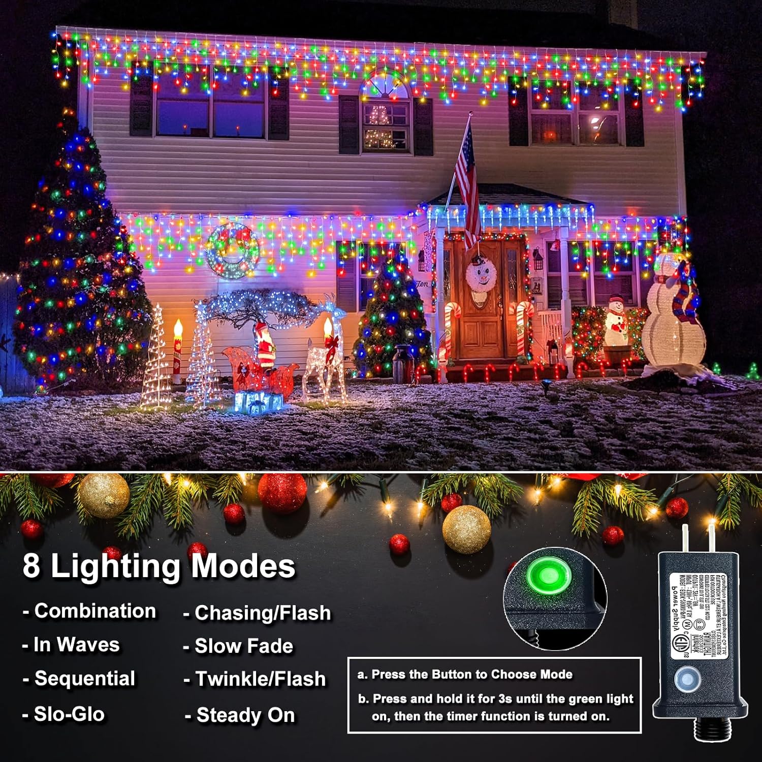 Icicle Lights for Outside - 16.5FT 200 LED Icicle Christmas Lights Outdoor Waterproof, 8 Modes Plug In Connectable Curtain String Light for Indoor Patio Roof Party Holiday Decorations, Multicolor