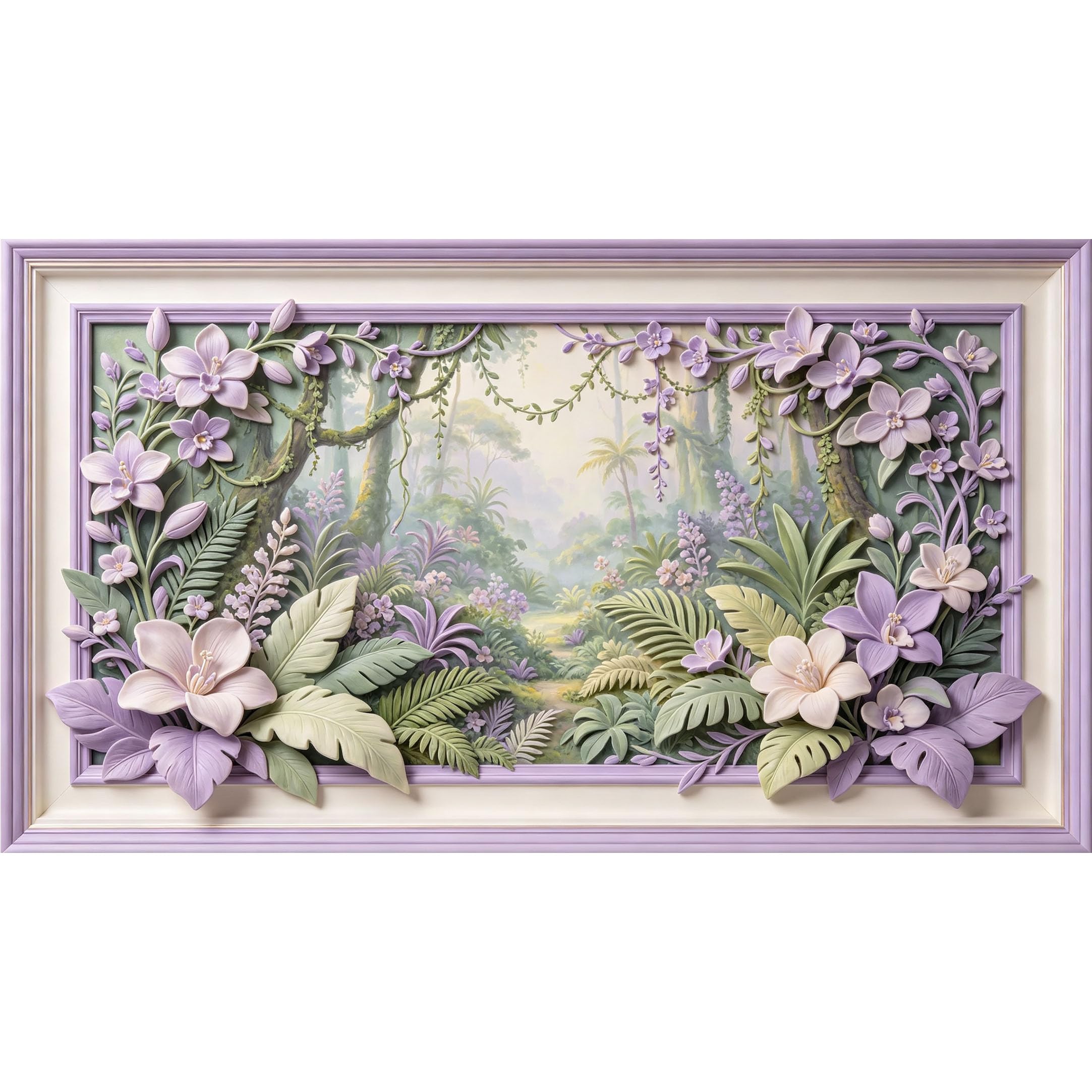 QZLITHOTIC 50×90cm3D Framed Wall Art， Purple Botanical Tropical Jungle Floral Mural， WaterActivated Peel & Stick Fabric Decor Wall Decal for Bedroom Living Room