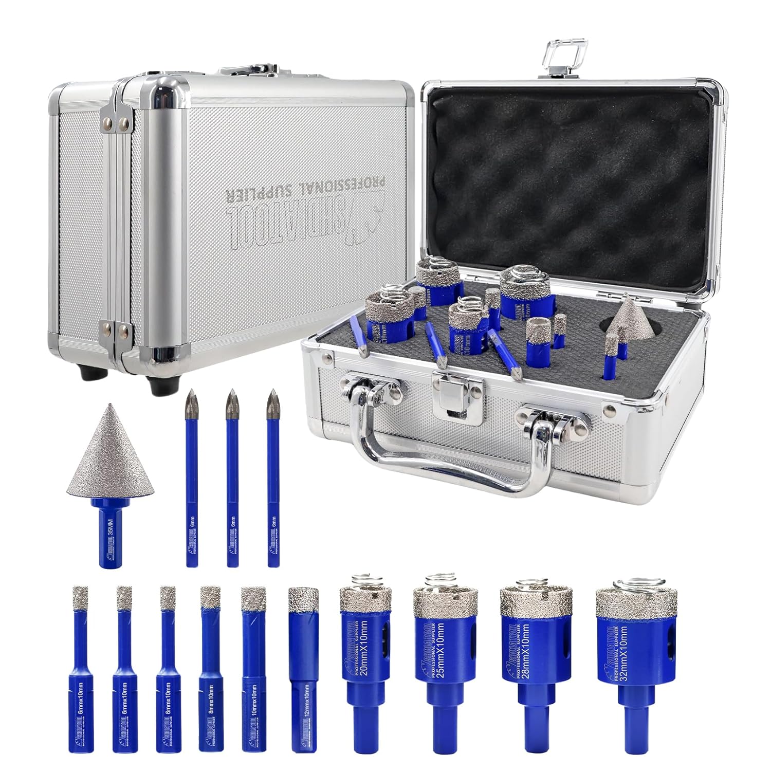 SHDIATOOL Diamond Drill Core Bits Kits, Hole Saw Sets with Triangle Shank for Drilling Porcelain Tile Marble Ceramic Granite on Drill Machine 14pcs（6/6/6/8/10/12/20/25/28/32mm/1-3/8/6/6/6mm）