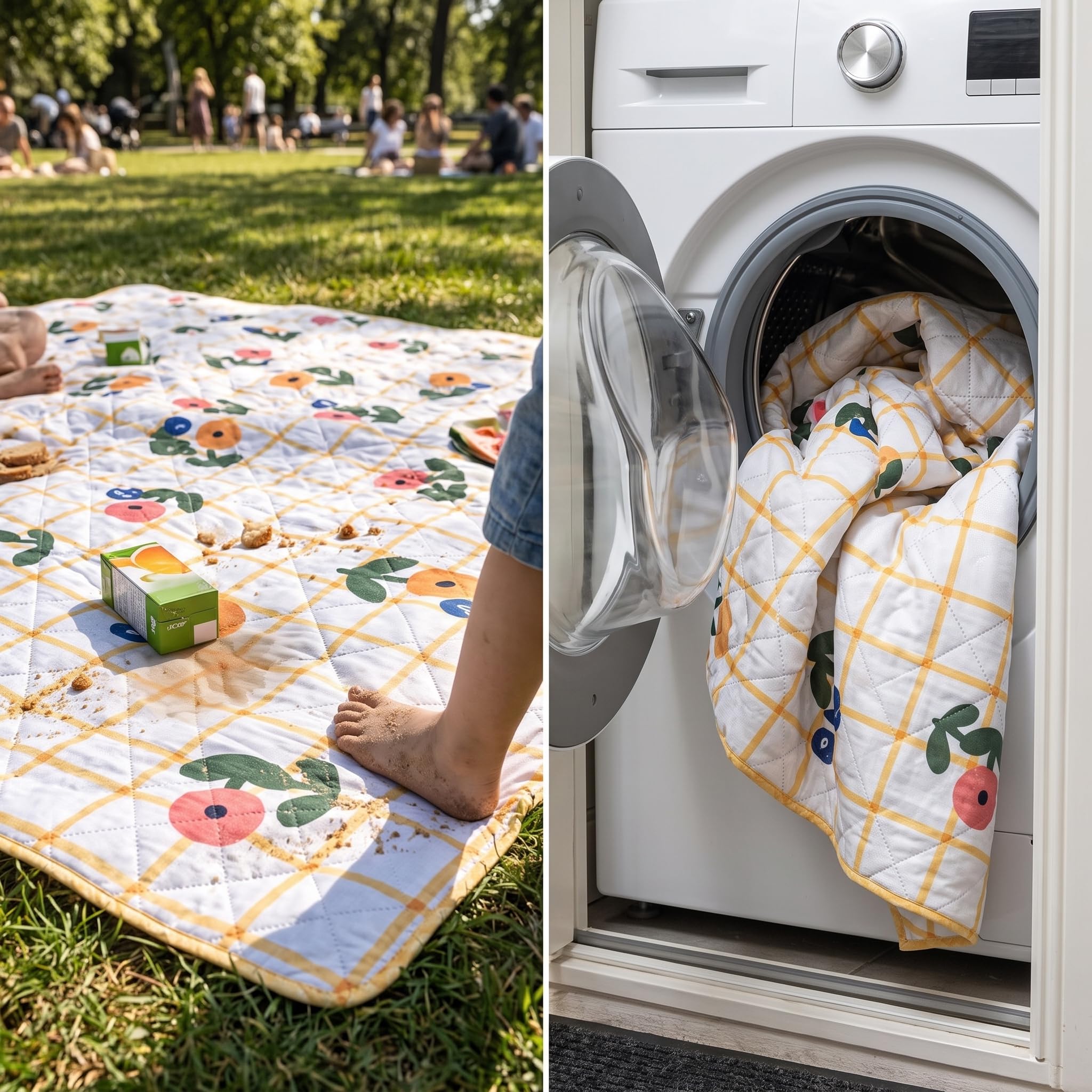 Coperta da Esterno Impermeabile 200x300 cm - da Campeggio con Fondo Impermeabile per Esterno - per picnic, Giallo a quadri con fragole e fiori, 300 * 300cm