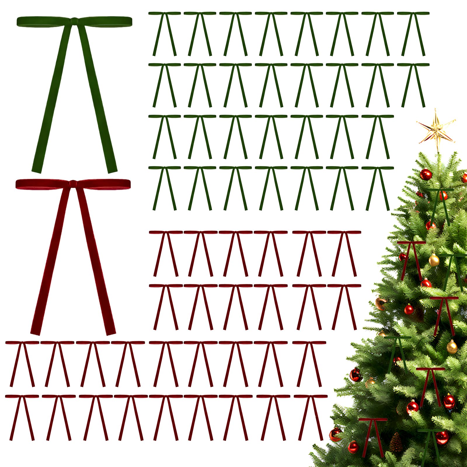 KIKAWORD 60PCS Christmas Tree Bows,Velvet Bows for Christmas Tree,for Home Indoor,Outdoor, Wreaths, Garlands, Decorations,Gift Wrapping,5x7 Inches