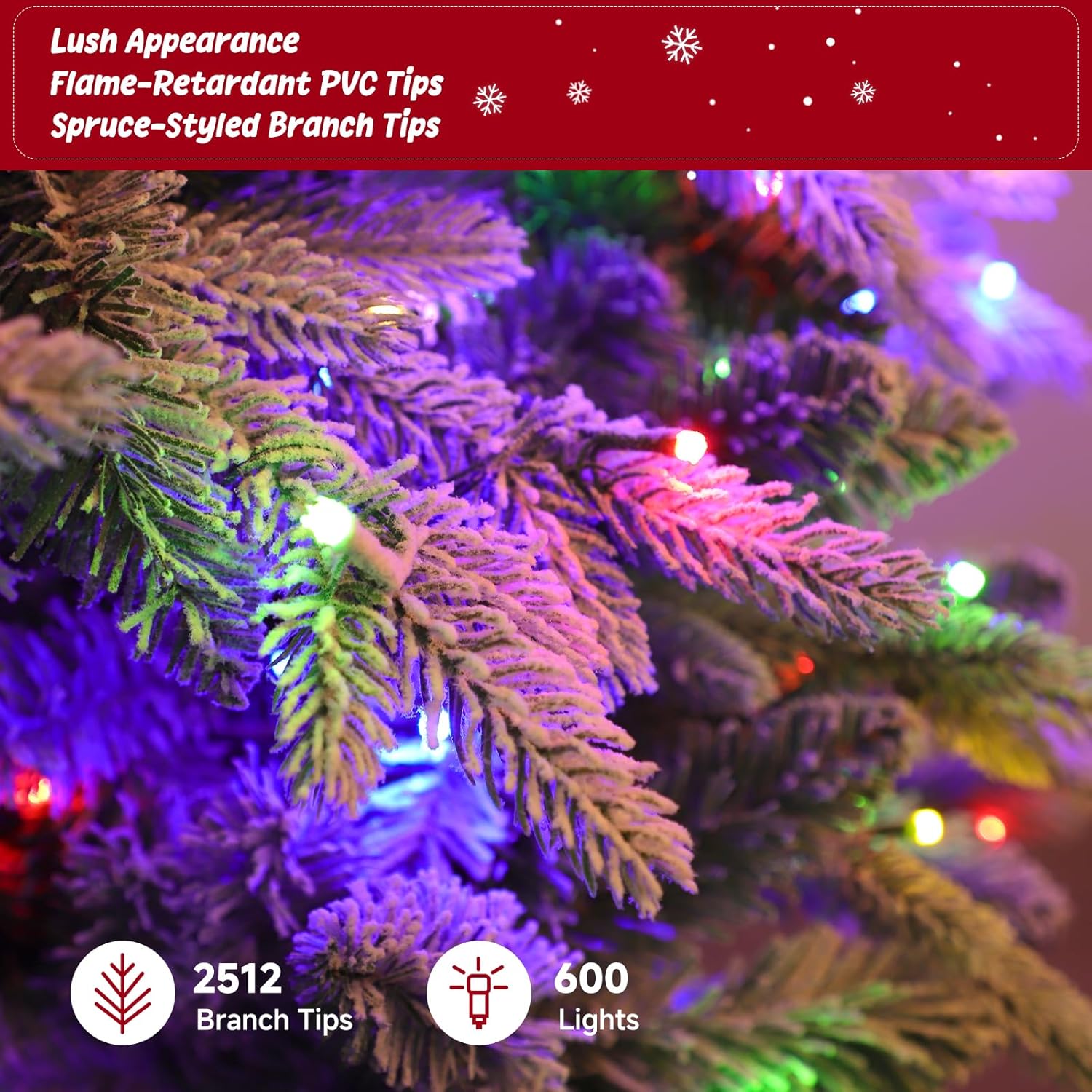 360° Rotating Snow Flocked Christmas Tree 9FT, Musical Prelit Christmas Tree with Remote Control, 600 LED Lights 8 Modes-Warm White Multi-Color Artificial Xmas Tree for Holiday Decor