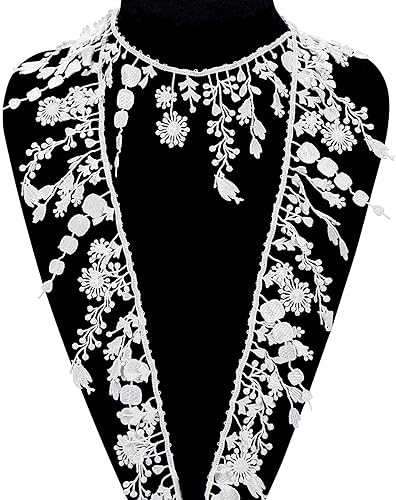 Miniatura 3 de OIIKI Borde de encaje blanco de 5 yardas con cinta de borlas, bordado inelástico, encaje de flores para bordes, borde de flecos de borla en forma de