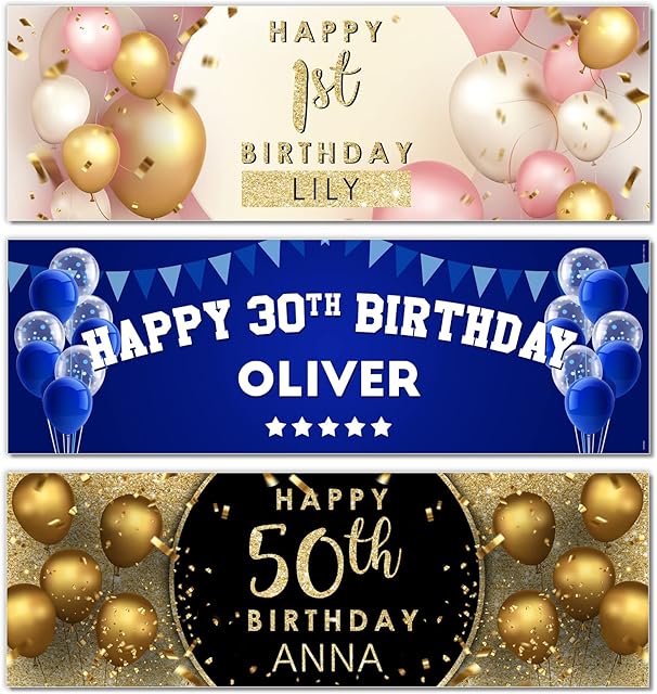 WhatsOnYourWall 2 x 3FT Small Banner Happy Birthday Personalised Birthday Banners 21st 50th 60th 40th 16th 70th 30th 80 18th Birthday Decorations for him Birthday Banners for him Blue