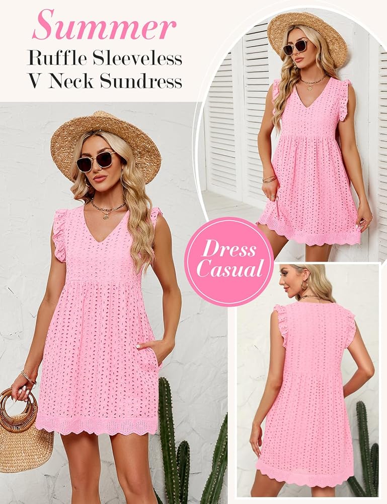 Abito Estivo Donna Senza Maniche Con Volant - Scollo A V Corto In Cotone Per Spiaggia E Casual