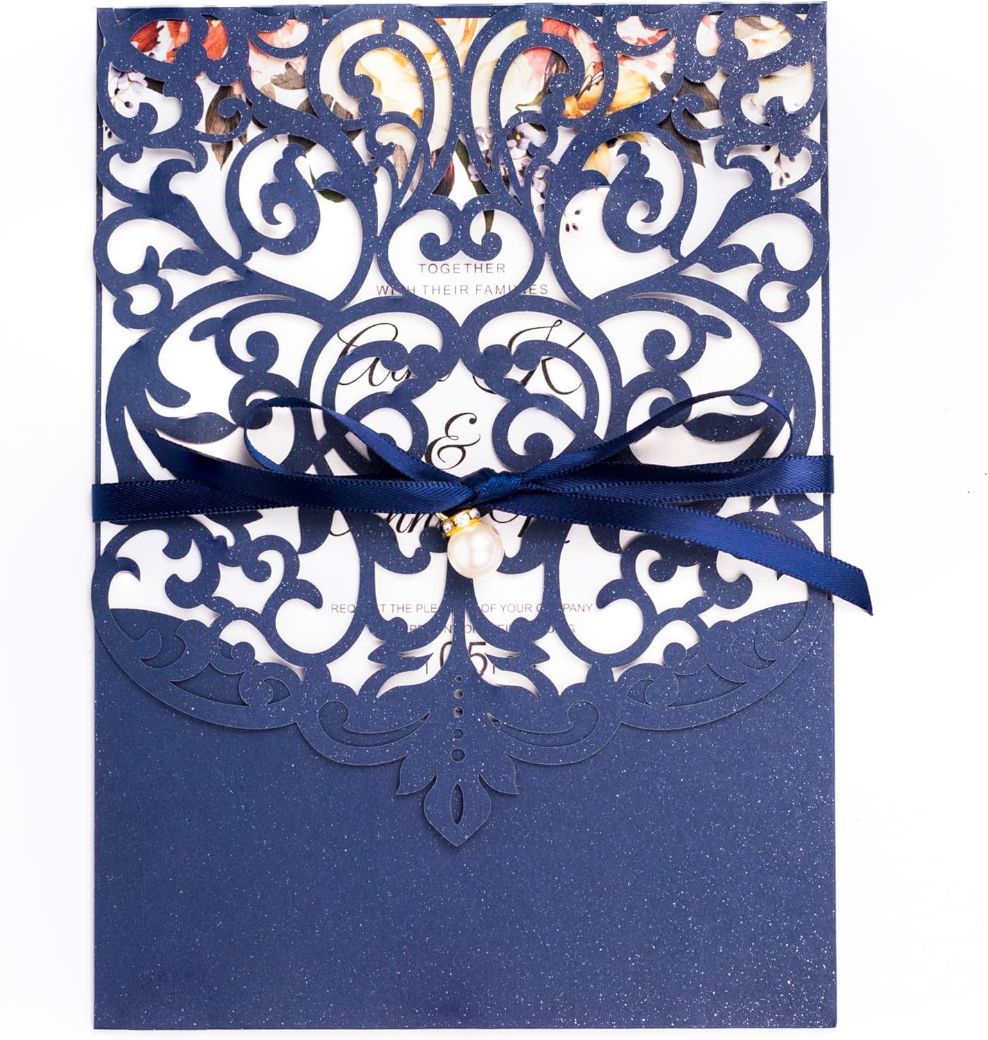 Laser Cut Invitations Navy Blue Wedding Invitation with Envelopes and Ribbon Belly Band Pearl Embellishments, Blank Inner Sheet & Rsvp Cards for Wedding Bridal Shower(5 x 7, 40 pcs)