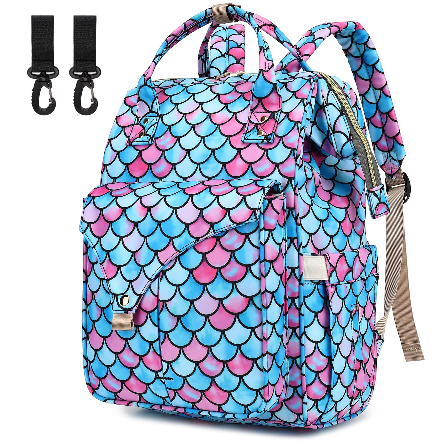 Mermaid Diaper Bag Backpack for Baby Girls Boys, Large Capacity Multifunction Waterproof Maternity Mom Nappy Bags with Stroller Straps