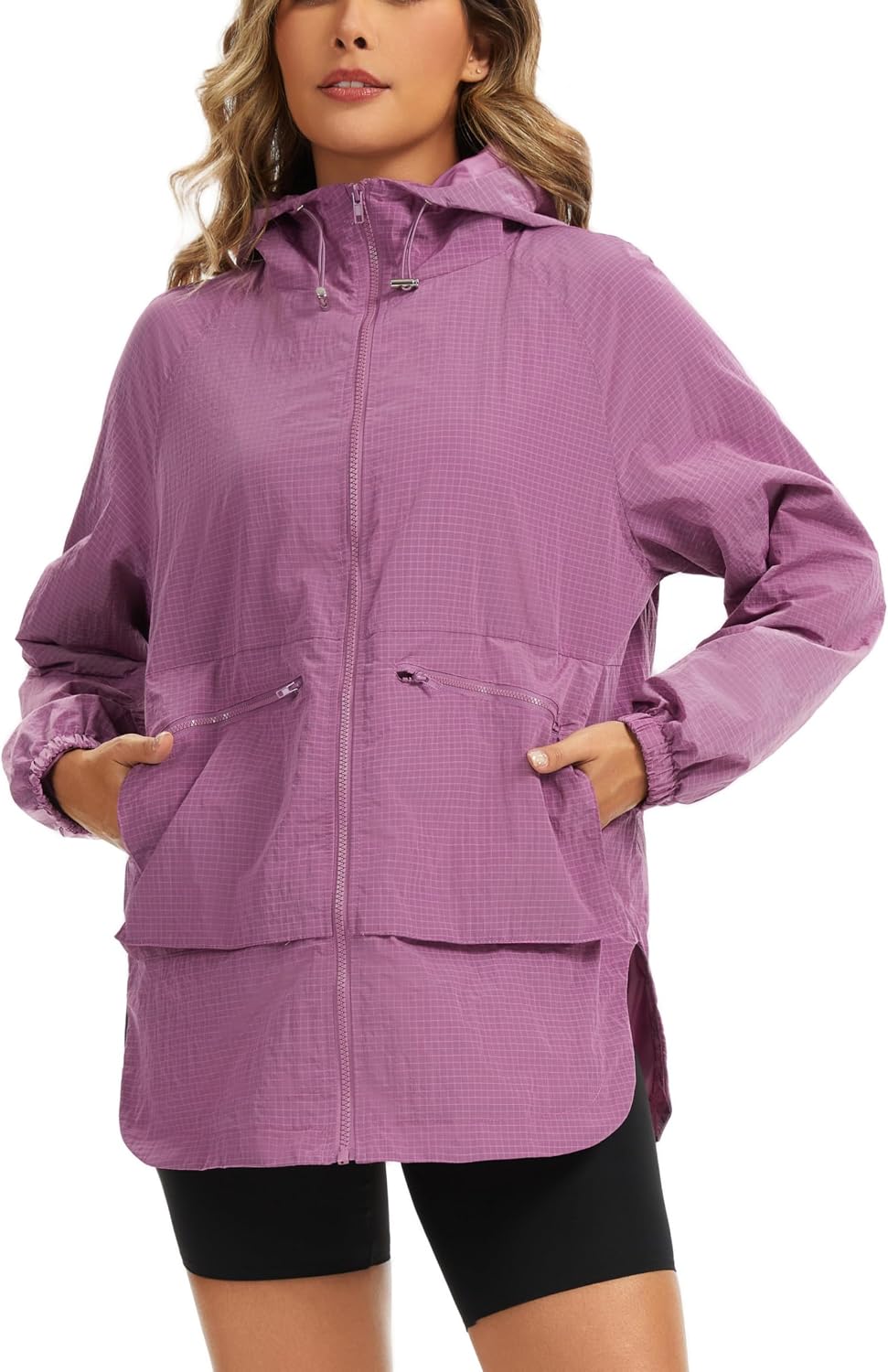 PESION Womens Waterproof Raincoat Lightweight Rain Jacket Trench Coat Hooded Windbreaker With Pockets for Outdoor