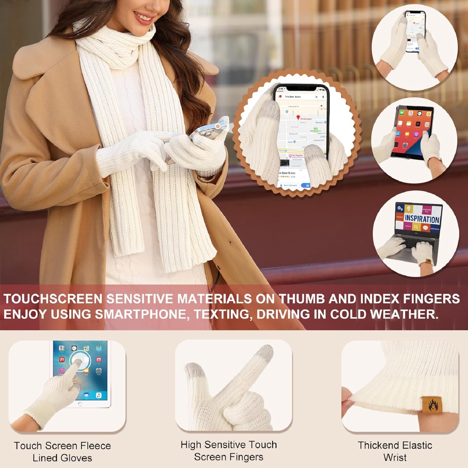 HEEKPEK Winter Beanie Hats Scarf Gloves Ear Muffs Fuzzy Socks 5pcs Set for Women Cold Weather Beanies Touch Screen Gloves - Image 3