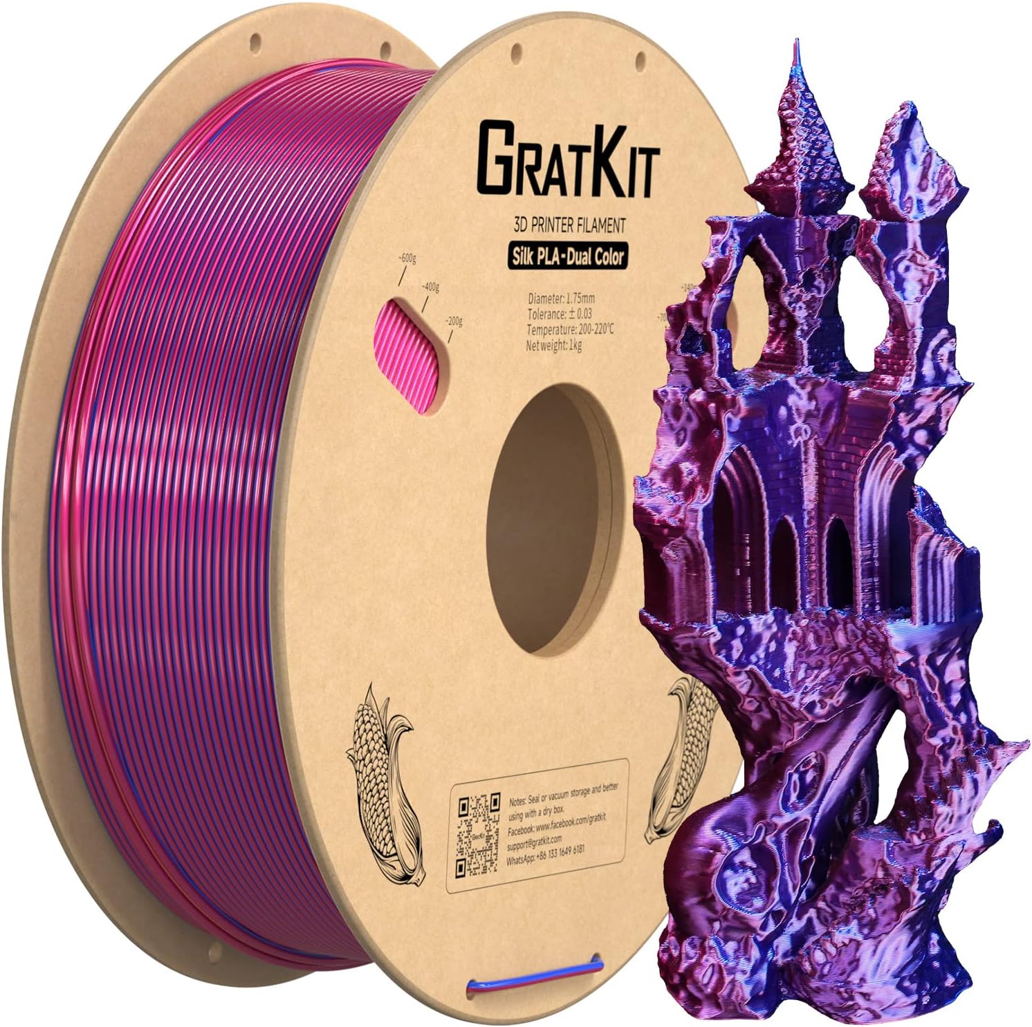 Gratkit Silk Dual Color PLA Filament, Coextrusion PLA Filament 1.75mm