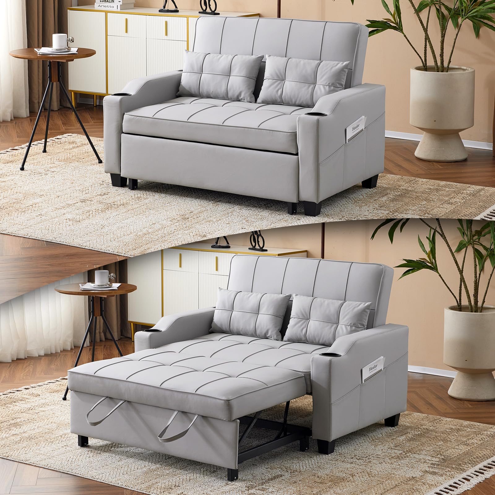 VINGLI Convertible Loveseat Sleeper, Light Grey Faux Leather Futon Sofa Bed Pullout Couch Bed with USB Ports, Cup Holders, Armrest for Living Room,