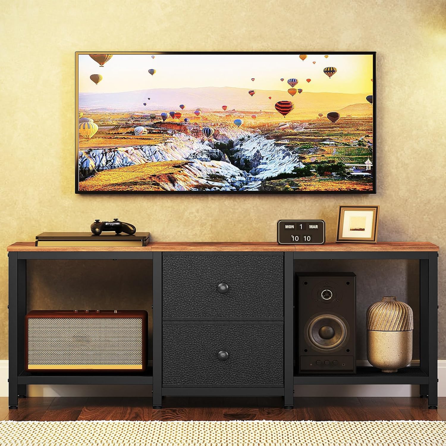 Retro TV Stand Picks for 2026: Mid-Century Media 3 YATINEY TV Stand for TVs up to 55 Entertainment Center with 2 Fabric — product photo