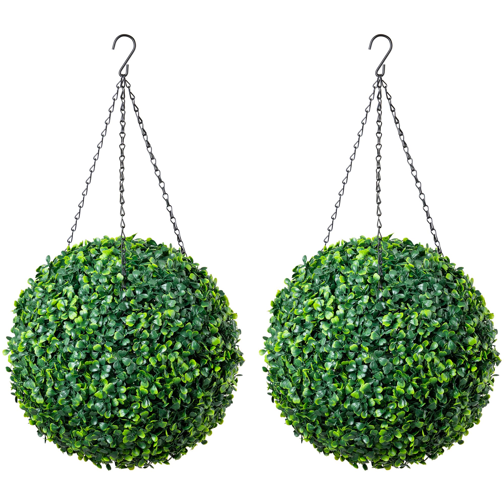 CHRISTOW Pair of Artificial Boxwood Topiary Balls, 28cm Faux Leaf Pant Hanging Ornaments, Decorative Outdoor Garden Topiaries, Lush Lifelike Foliage, UV Fade Protected, Pre-Attached Chain with Hook