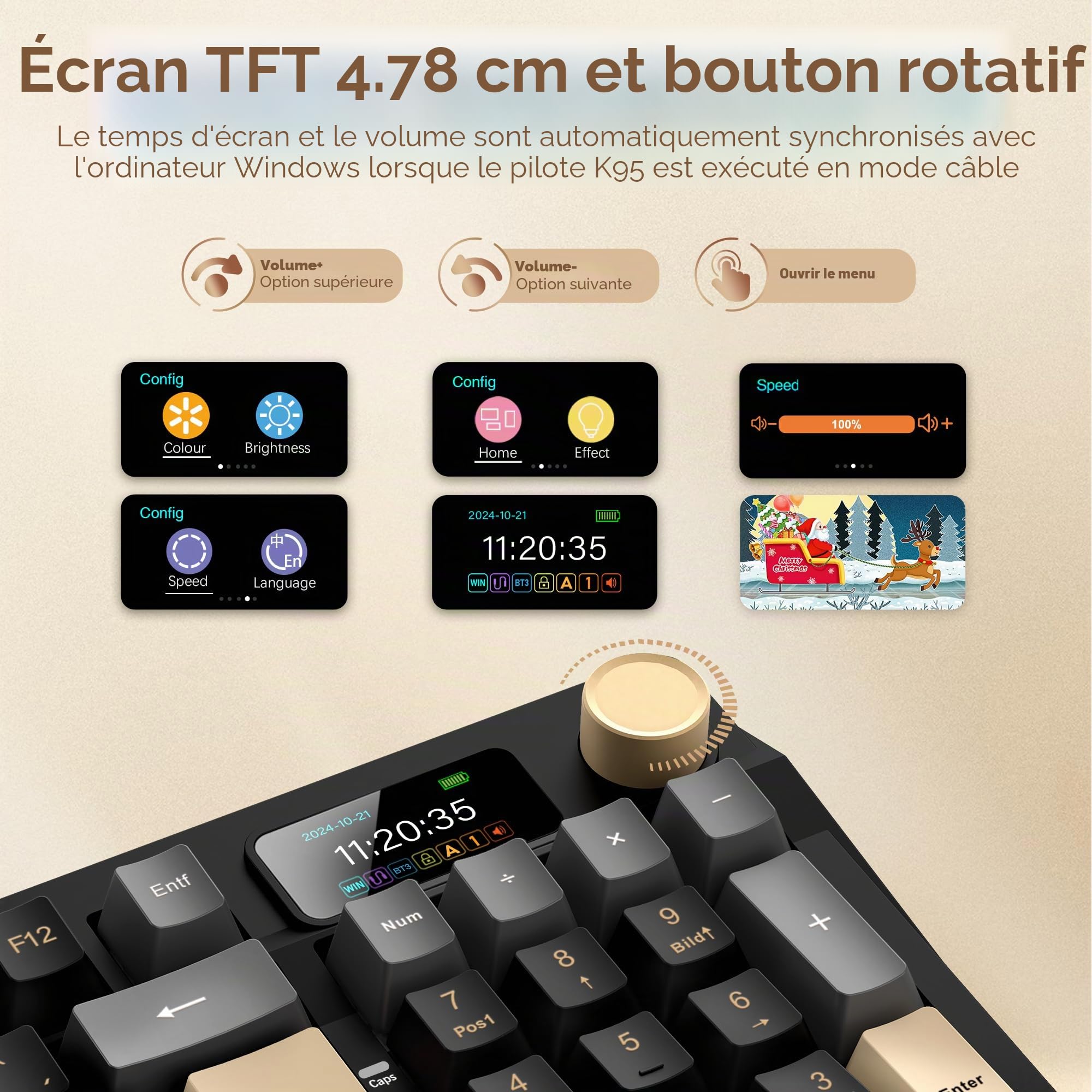 RedThunder K95 Clavier de jeu mécanique sans fil 1,88" QWERTZ 96 touches Gasket BT/USB-C/2,4 GHz logiciel échange à chaud interrupteur rose linéaire RVB PBT