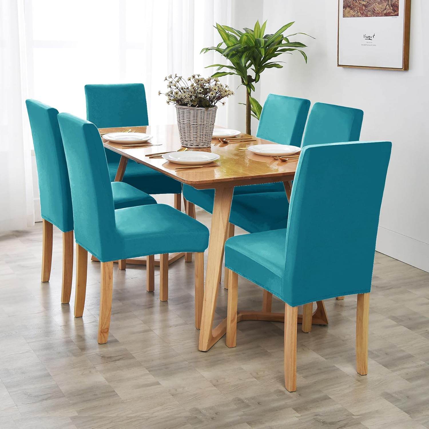Stretch Dining Chair Covers, Soft Velvet Chair Covers for Dining Room Parson Chair Slipcover Removable Seat Protector Covers (4, Turquoise Blue)