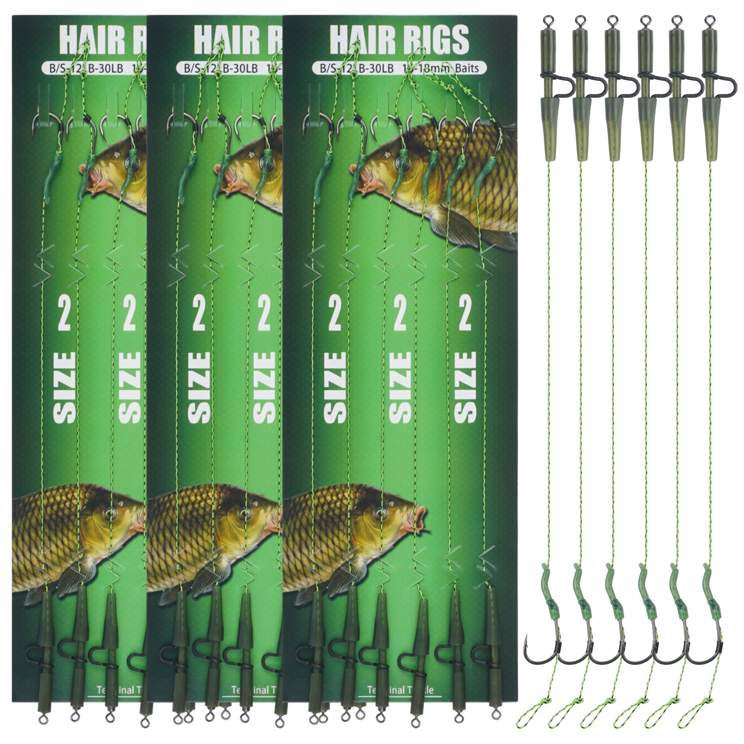 18pcs Carp Fishing Hair Rigs Kit Curved Barb Hooks Braided Thread Line Safety Leader Clips Fishing Bait Rigs Carp Fishing Tackle Accessories
